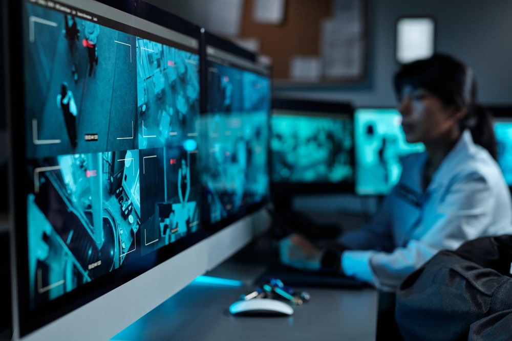 a man sitting at a desk with multiple computer screens