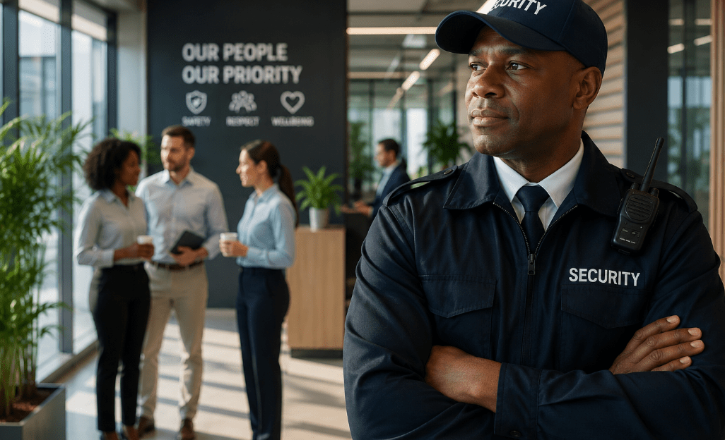 Security guard supporting a safe workplace environment for employees