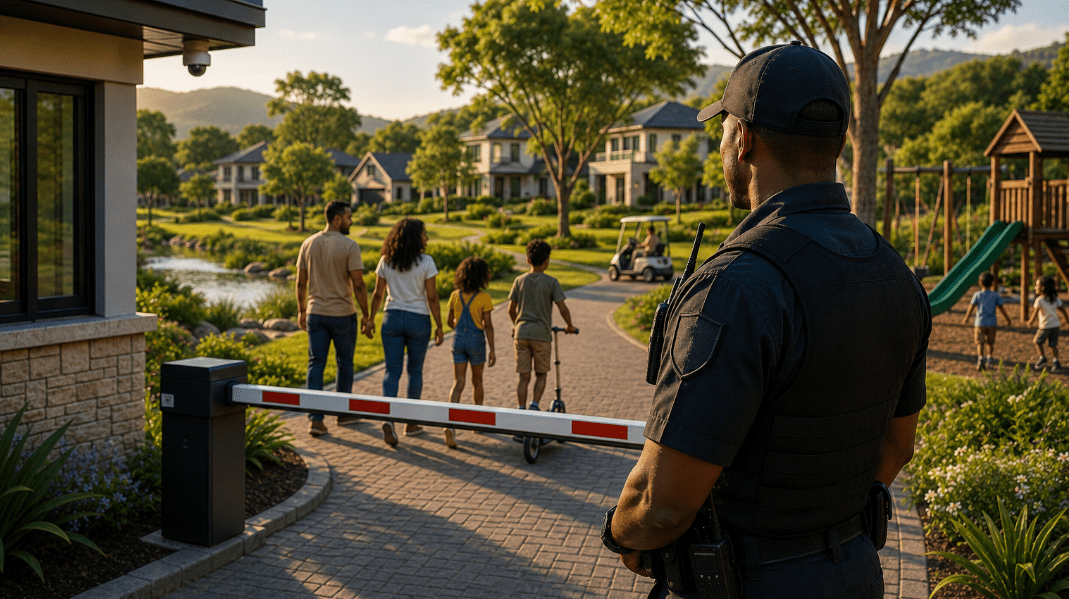 Children playing safely in a secured lifestyle estate protected by professional guarding