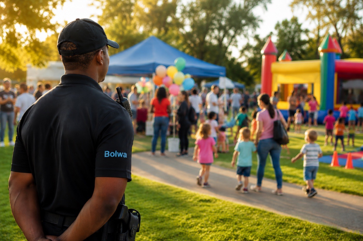 Security officer keeping a family-friendly community event safe