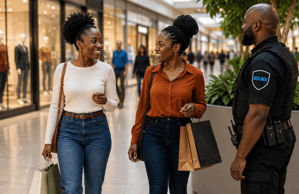 Security officer supporting a safe shopping environment for women in a retail centre