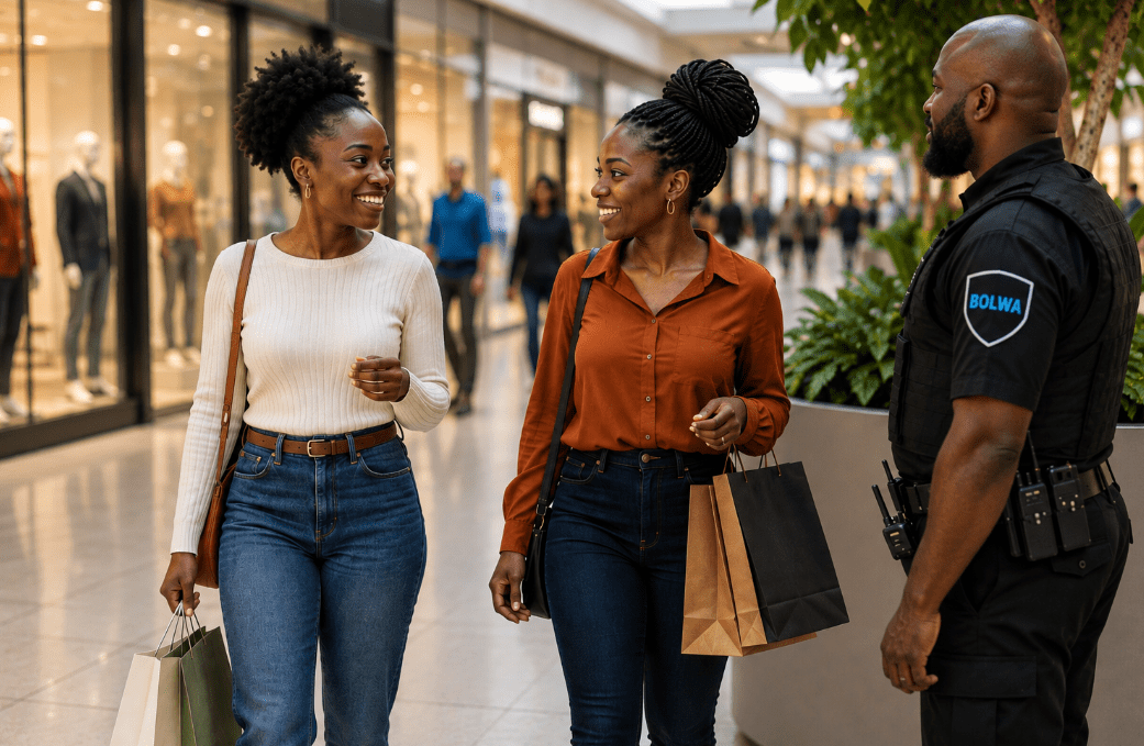 Security officer supporting a safe shopping environment for women in a retail centre