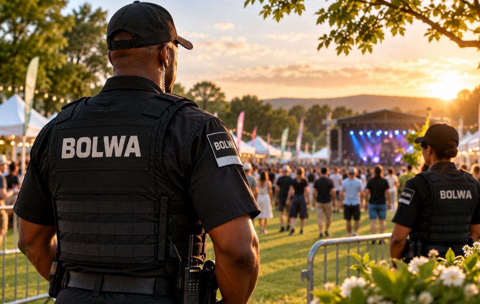 Security officer overseeing crowd flow at an outdoor spring event