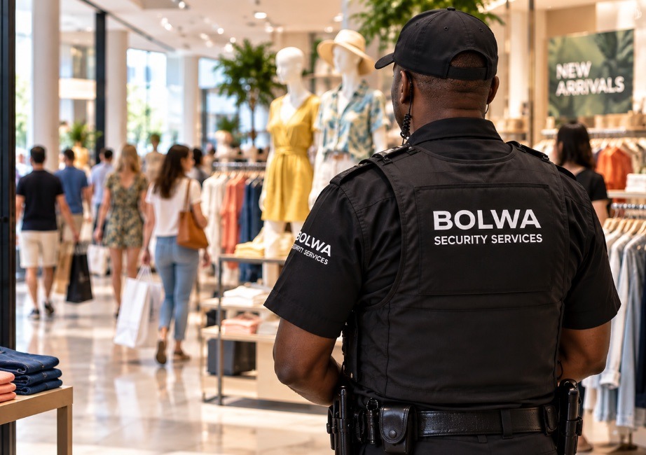 Bolwa Security Services officer overseeing a busy retail store during a seasonal promotion