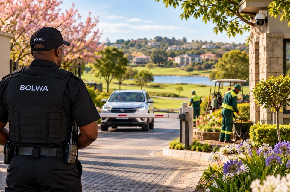 Bolwa Security Services officer controlling the gate of a golf estate while grounds staff carry out spring maintenance