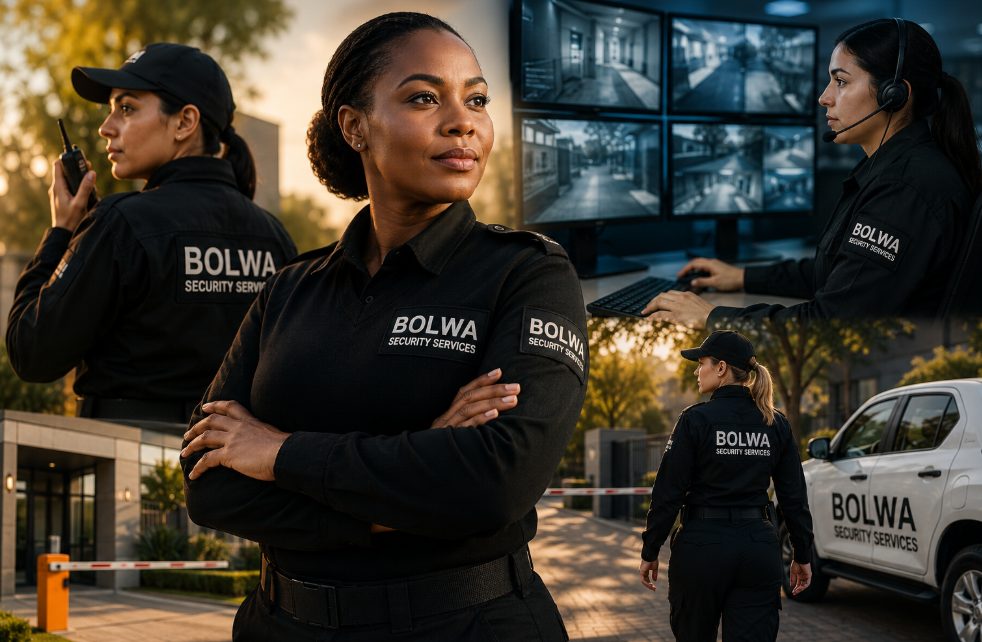 Female security officers on duty with CCTV monitoring and a patrol vehicle