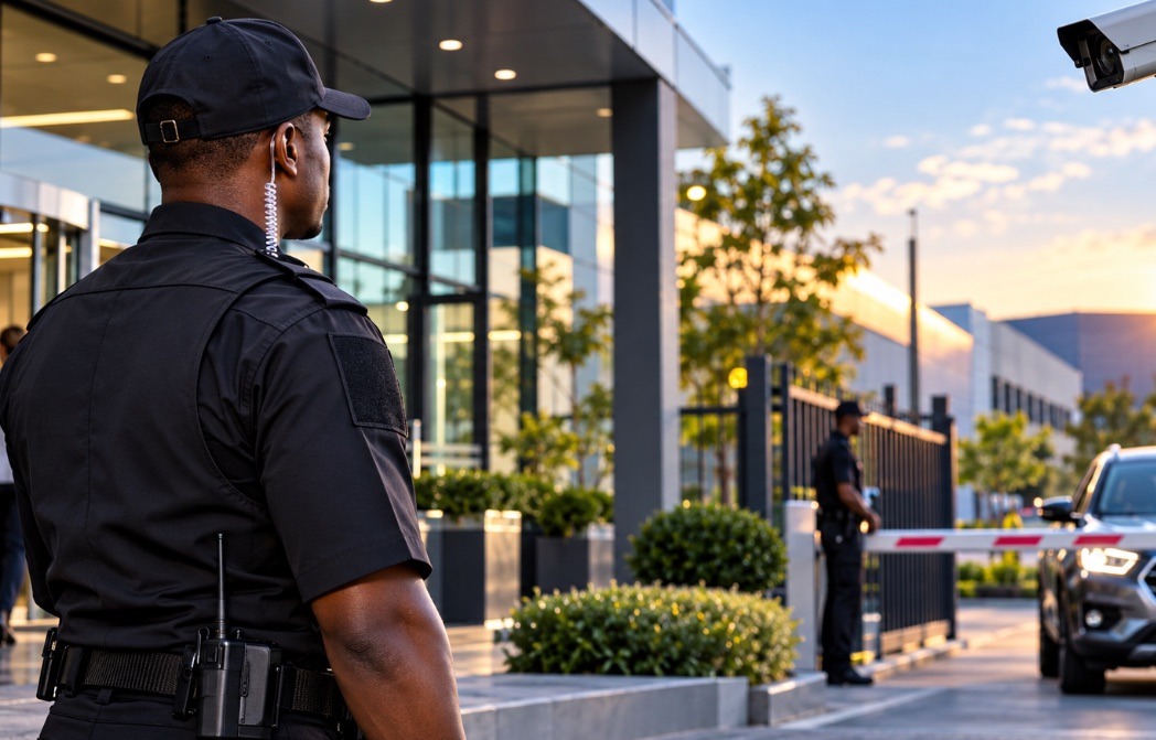 Security officer watching over a business park entrance and boom gate