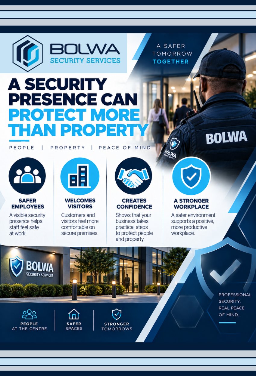 Bolwa Security Services infographic: a security presence can protect more than property, with four benefits for employees, visitors, confidence and the workplace